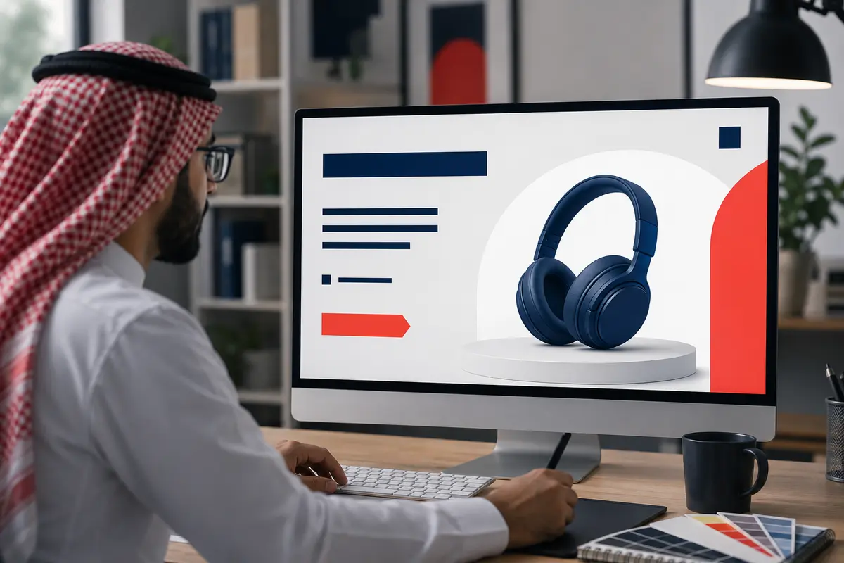 طراح گرافیک در حال ساخت سلسلهمراتب پیام و نقطه تمرکز بنر