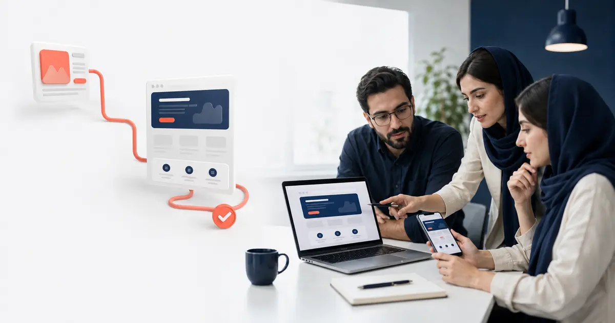 تیم بازاریابی دیجیتال در حال بررسی صفحه فرود کمپین روی لپ‌تاپ و موبایل