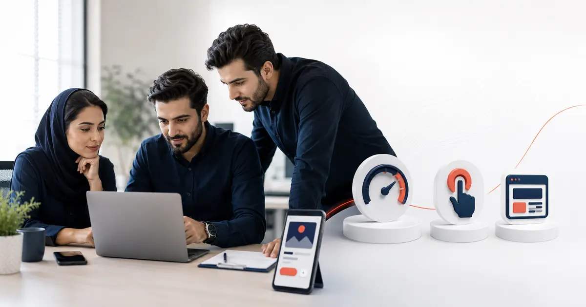 تیم فنی در حال بررسی شاخص‌های Core Web Vitals روی لپ‌تاپ و موبایل