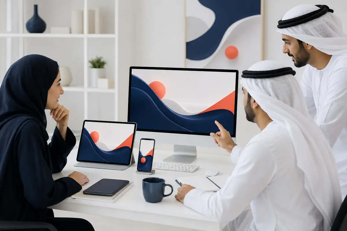 تیم طراحی در حال تطبیق یک بنر برای نمایشگر، تبلت و موبایل