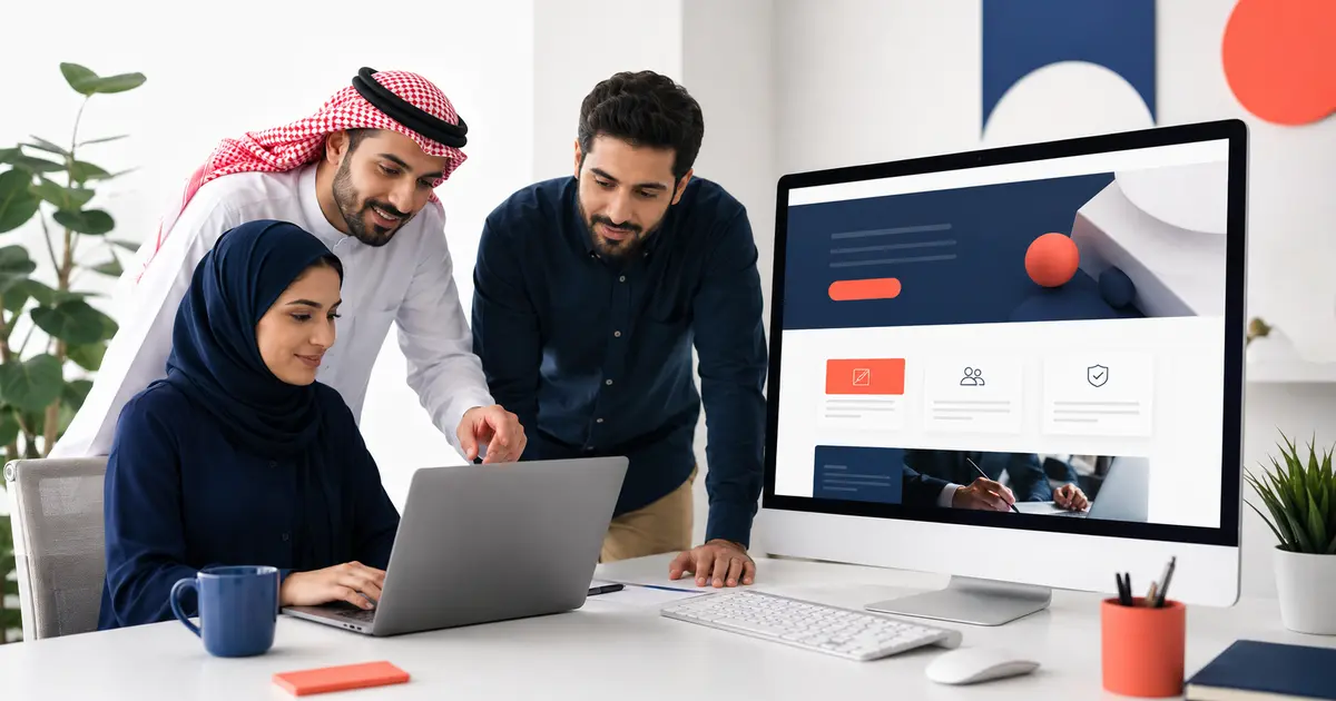 تیم طراحی وب در حال بررسی ساختار و رابط صفحه خدمات سایت