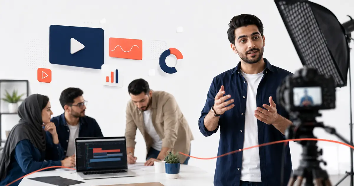 تیم تولید محتوا در حال ضبط و برنامه‌ریزی ویدیوی یک کسب و کار خدماتی